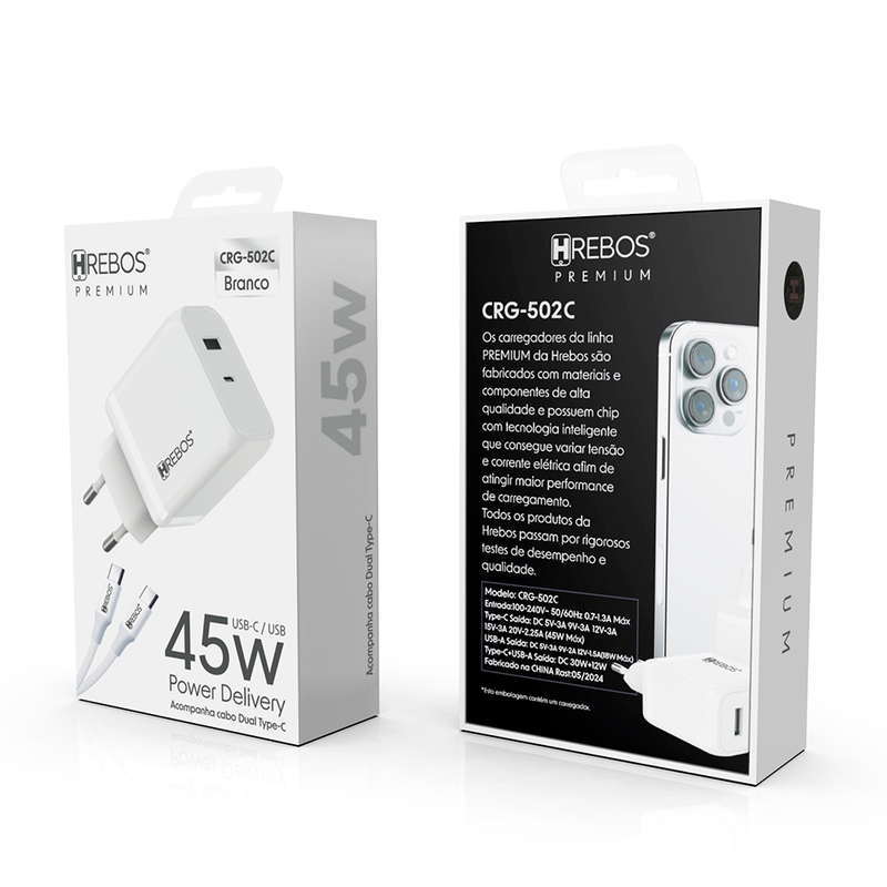 Fonte Hrebos Premium Usb-c Usb-a 45w Crg-502