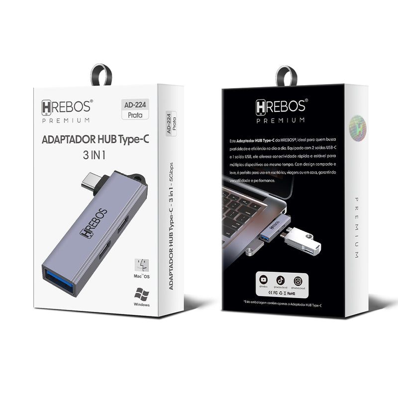 Adaptador Otg Hub Hrebos Premium Usb-c Usb-c 3 em 1 Ad-224