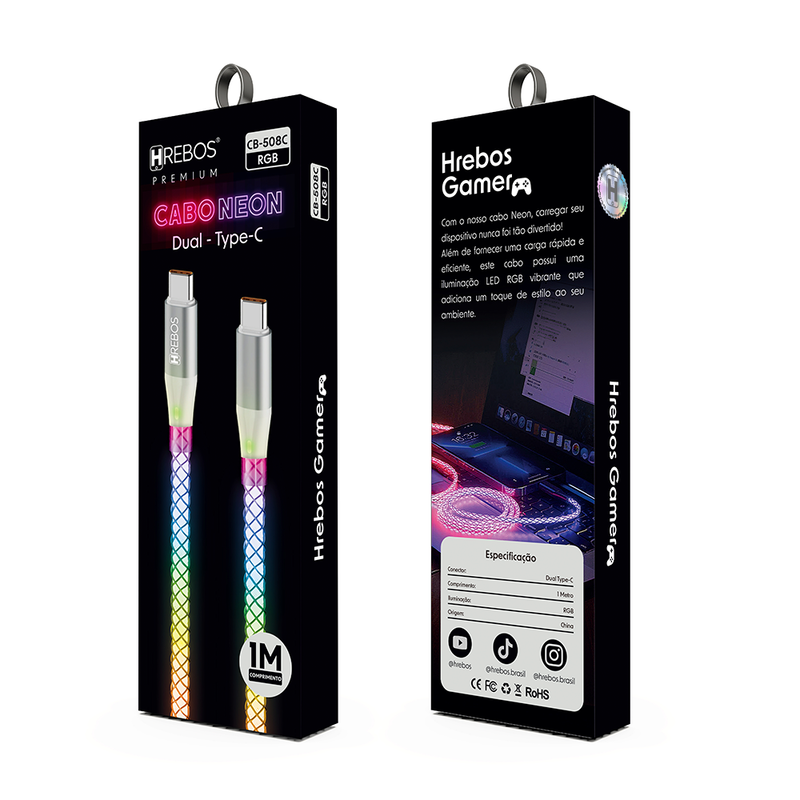 Cabo Carregador Hrebos Premium Neon Rgb Usb-c Usb-c