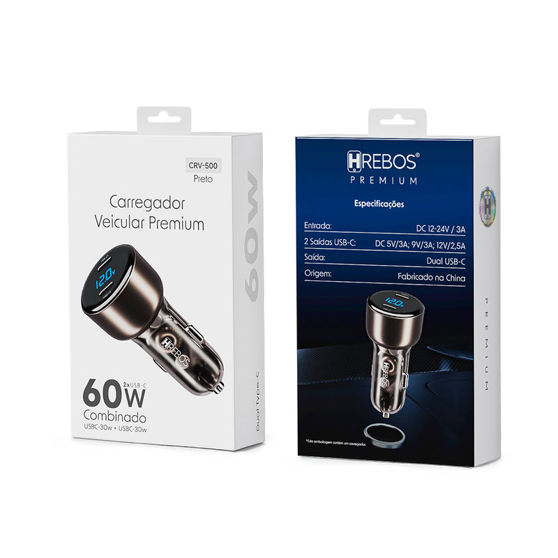 Carregaodr Veicular Hrebos Premium USB-C 6OW Crv-500l
